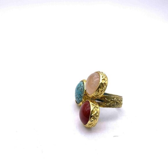 Triple Multicolor Gemstone Ring Gold Tone Size 7 - Picture 3 of 7